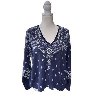 Sundance Paisley Sweater Petite M Blue V-Neck Boho Western Cozy Knit Pullover